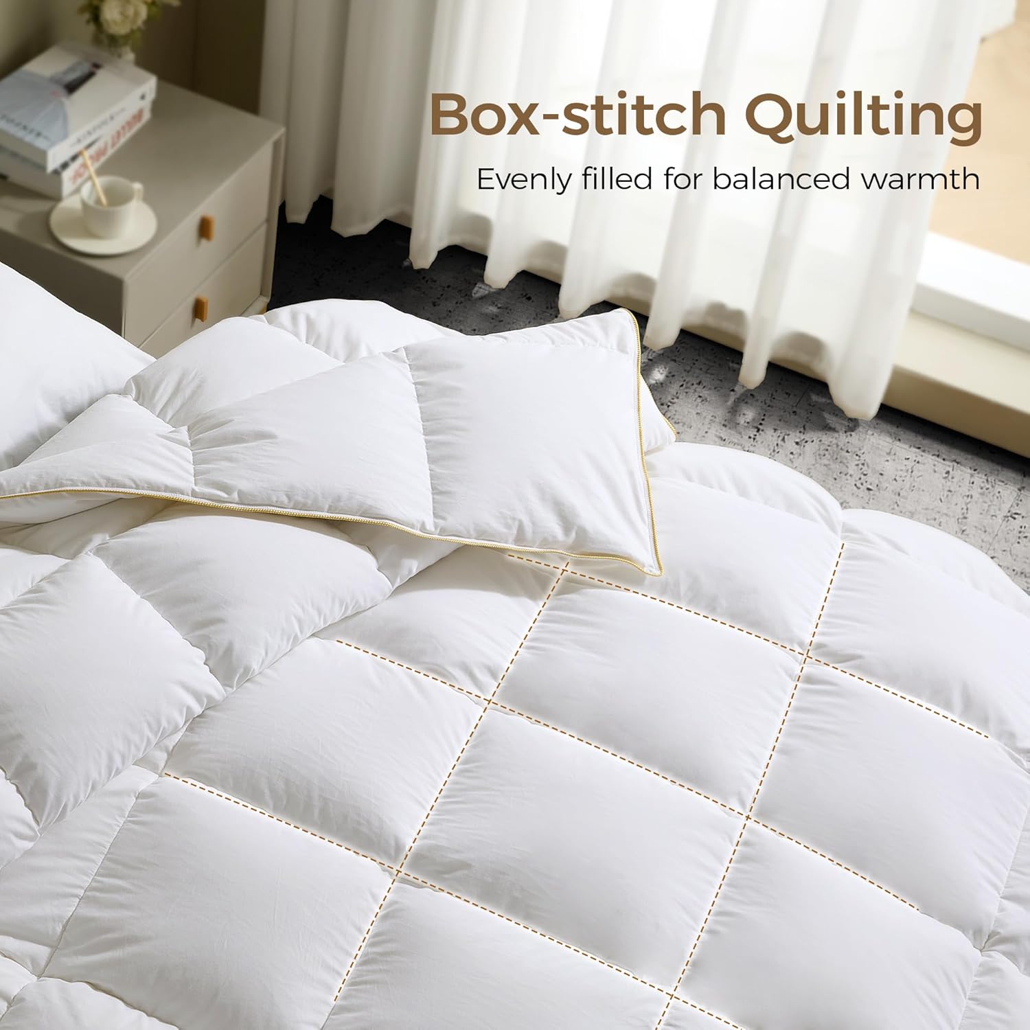 UNIKOME Lightweight Goose Feather Down Fiber Comforter California King, Duvet Insert with Soft Downproof Cover for Summer/Hot Sleepers, Hotel-Luxury Fluffy Bed Comforter (108"X94", White)