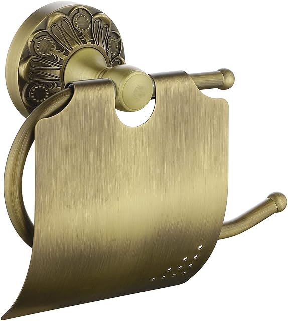 Lucyound Brass Toilet Roll Holder with Lid, Vintage Toilet Paper Holder for Loo Roll, Petal Carving Series Wall Mounted Bathroom Accessories, Antique Gold