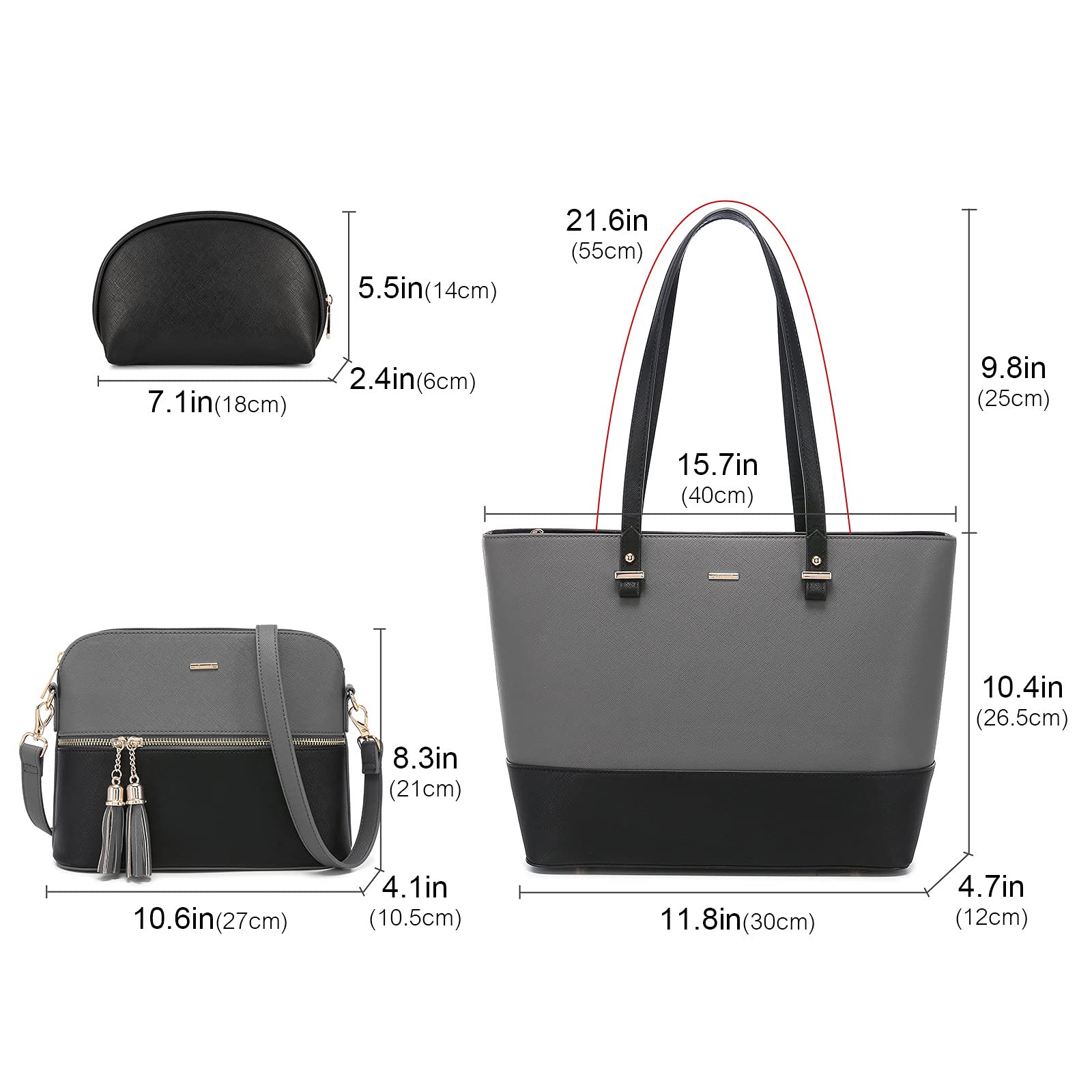 LOVEVOOK Handbags for Women Shoulder Bags Tote Satchel Hobo 3pcs Purse Set: Grey/Black