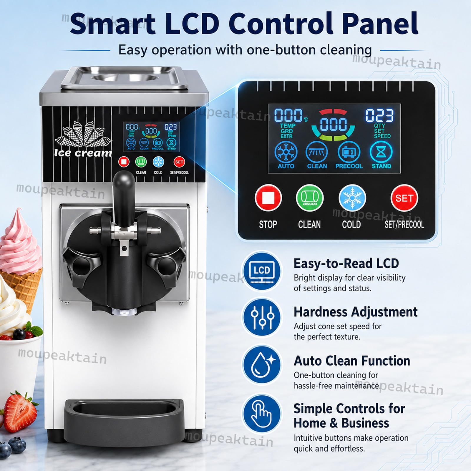 Machine à Glace Italienne 1 Parfum, 4-5l/H avec Cuve 2,5l, Pré-Refroidissement Et Nettoyage Automatique, Turbine à Glace Soft Compacte pour Desserts, Cafés, Bars Et Réunions De Famille C