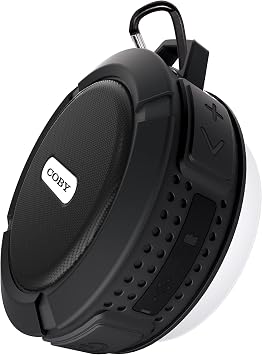 Coby Rugged Gear Shower Speaker, Portable Bluetooth Speaker with Suction Cup, IPX5 Waterproof, Hands-Free Calls, Rechargeable Battery with 7-Hour Playtime, Includes USB-to-Micro-USB Cable, Black