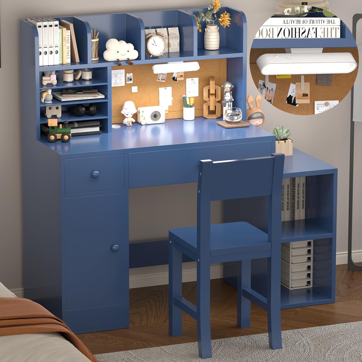 Wooden Blue Kids Study Desk and Chair Set with Light, 2 Drawers and 4 Storage Cabinets, Children Desk with 4 Open Hutch and Shelves, Girls Study Desk for Kids Bedroom-002