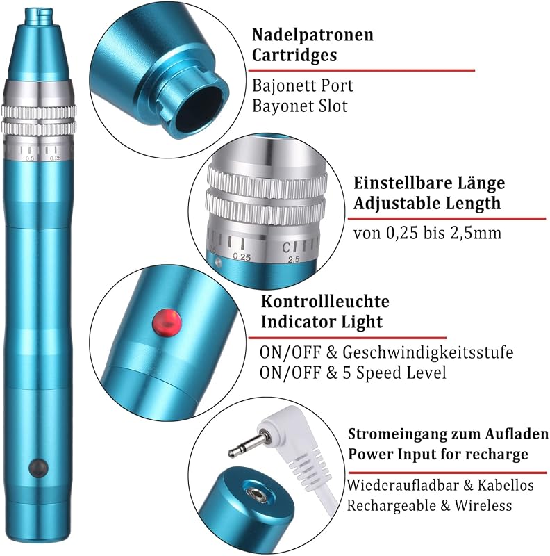 BOWKA Elektromos Derma Pen Mikrotűzéshez Vezeték Nélküli Állítható 0,25-2,5mm Kék Arckezelő Készülék Ránctalanításhoz