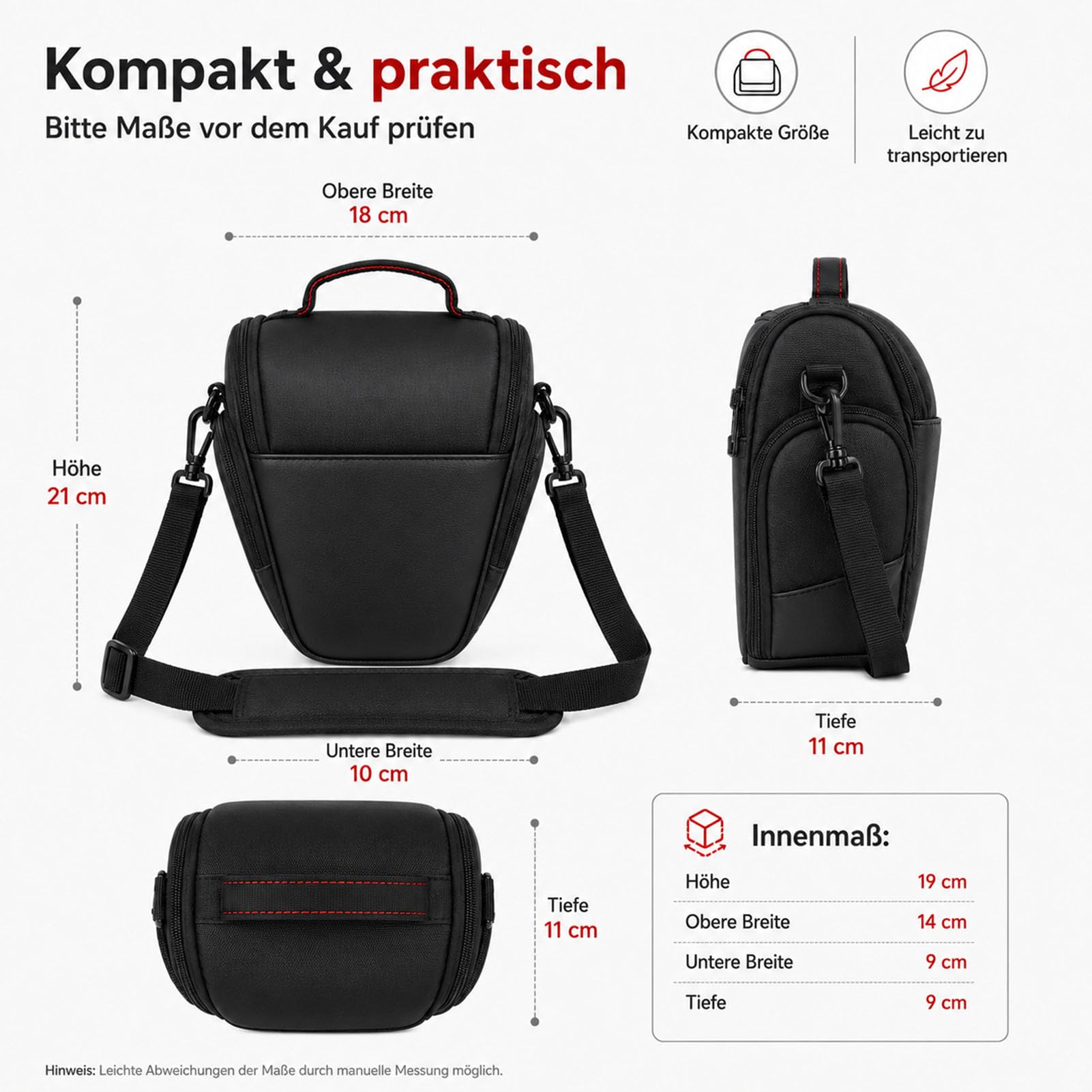 Kameratasche Schwarz 21 x 18 x 11 cm, kompakte Fototasche für Systemkamera, Digitalkamera & kleinere DSLR/SLR-Modelle, Wasserabweisende Kamera-Umhängetasche mit Seitentasche, Innenpolsterung