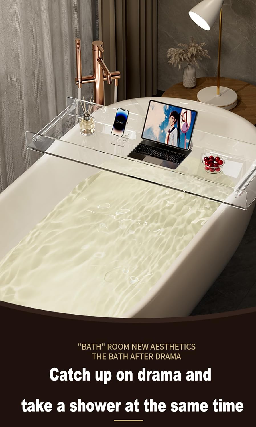 Acrylic Bathtub Caddy Tray with Towel Rack Wine Glass Holder Candle Holder Phone Slot Clear Bathroom Shelf for Shower Supplies (Size: 80CM)