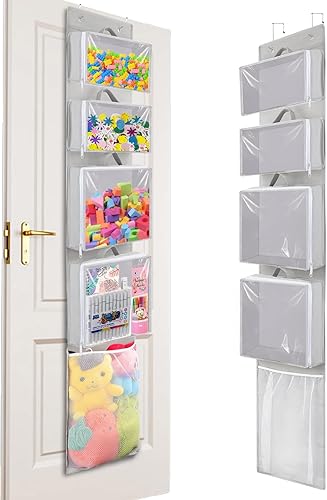 Miniatura 10 de Almacenamiento de juguetes colgantes sobre la puerta, idea de organizador de animales de peluche con 4 bolsas extraíbles, soporte de armario