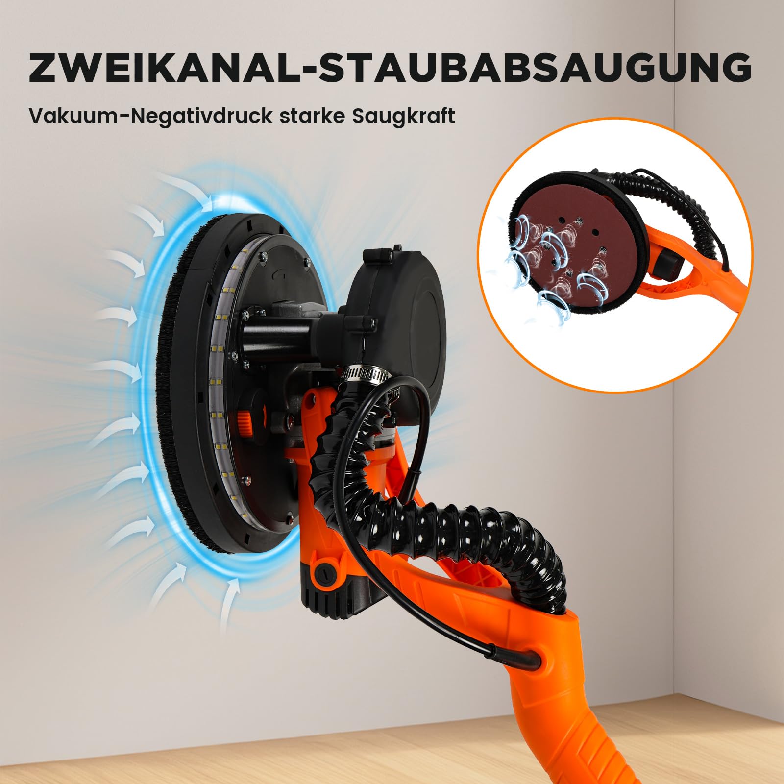 XDOVET Szlifierka do suchej zabudowy, 750 W, szlifierka ścienna z dwukanałowymi przyłączami próżniowymi, tarcza szlifierska 225 mm, elektryczna szlifierka z 20 tarczami szlifierskimi, 6 zmiennych