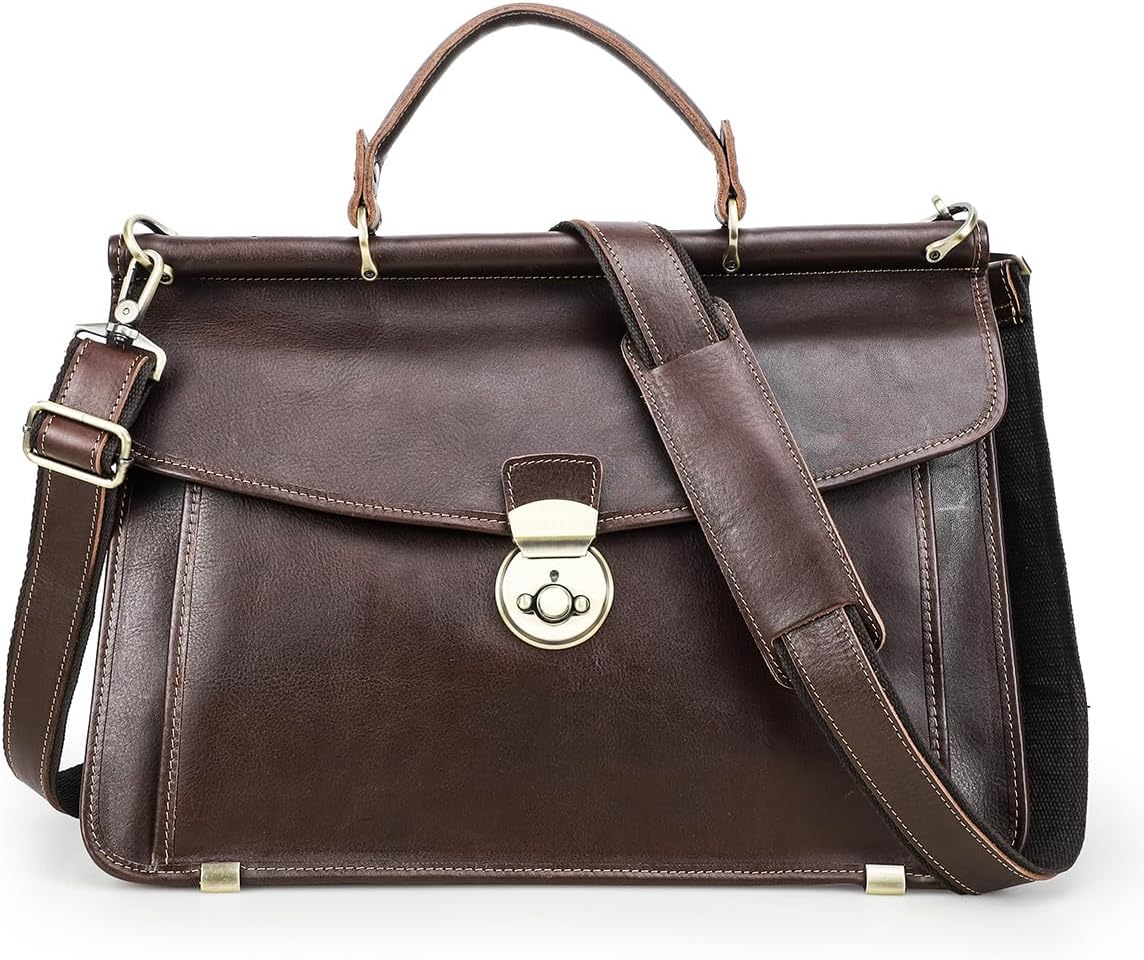 Contacts 14 Inch Laptop Briefcase for Men with Lock Full Grain Leather Messenger Bag Business Doctor Bag Computer Satchel Handbag