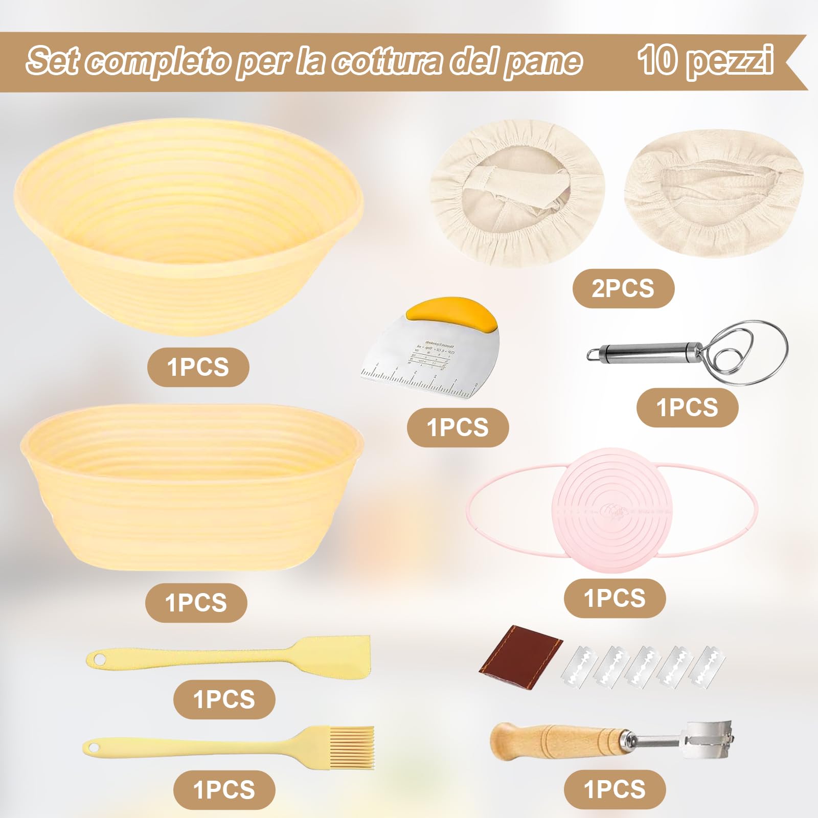 10 Pezzi Cestino da Lievitazione per Pane, Set Panificazione con Cestini Lievitazione in Silicone Rotondo da 23 cm & Ovale da 25 cm, Tela di Lino, per La Cottura del Pane