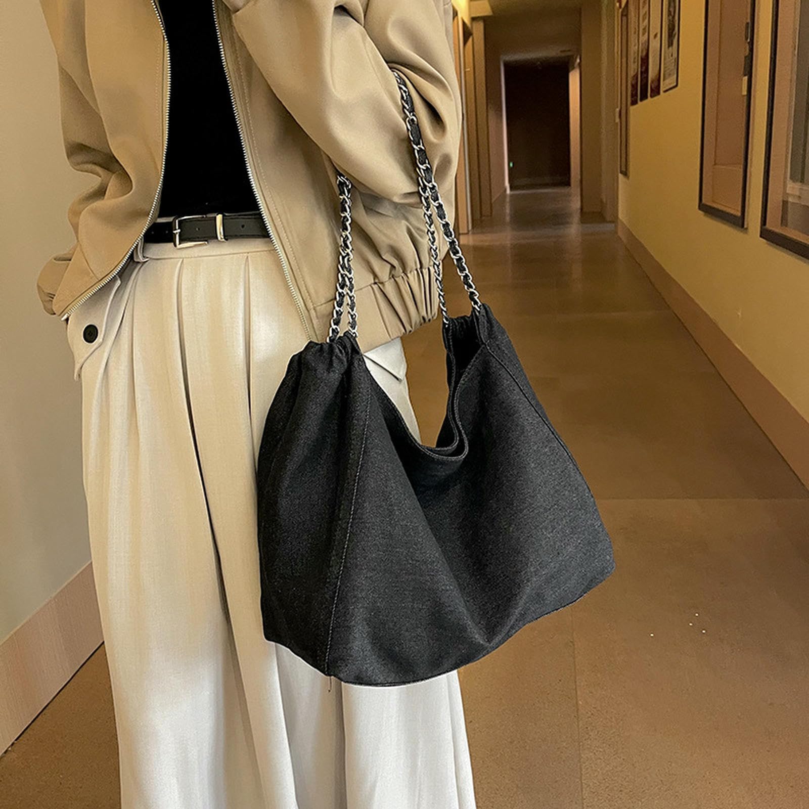 Borsa Donna in Denim di Grande capacità da Donna, A Tracolla Leggera per Studenti Universitari, Catena-Nero