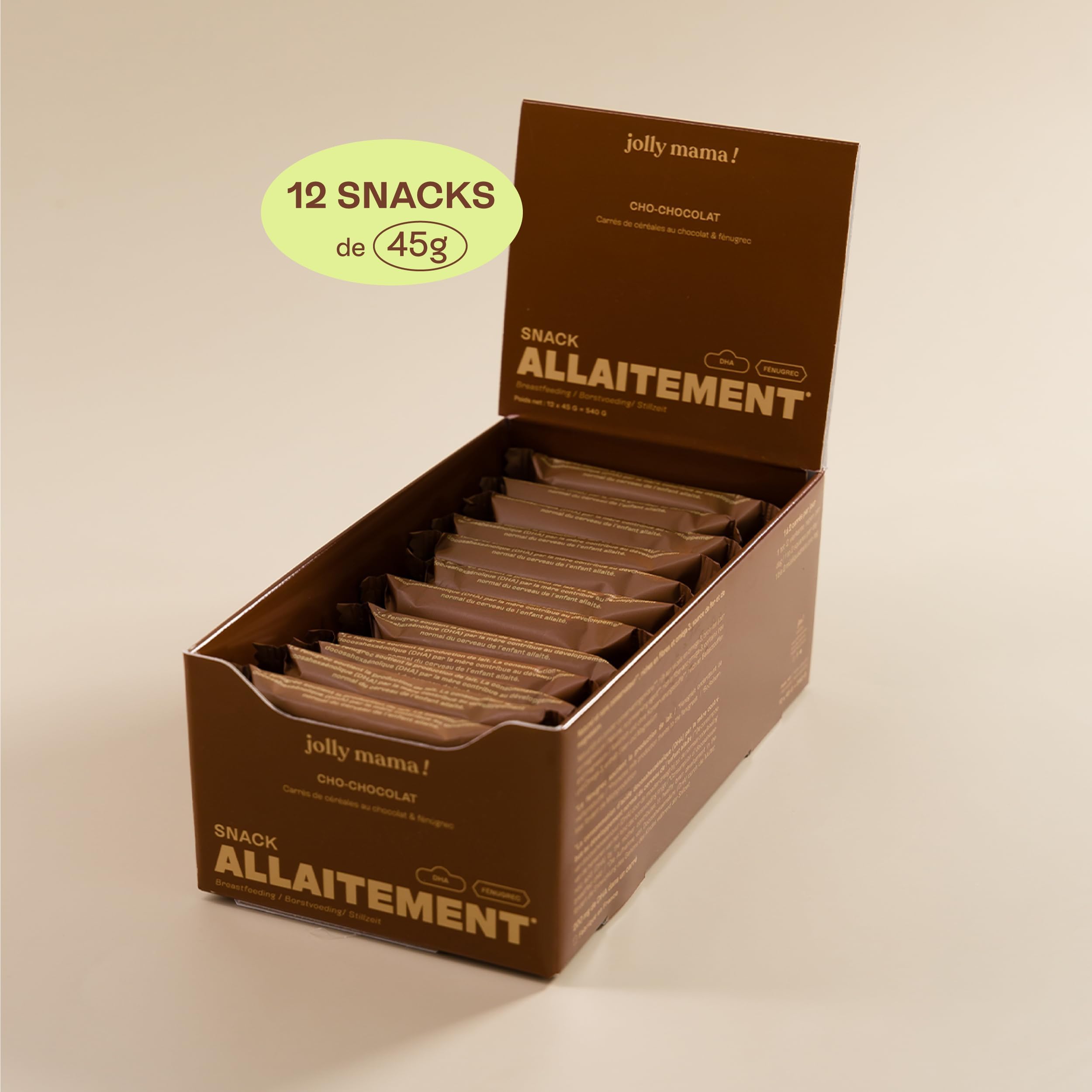 Jolly mama! Lot de 12 Barres Céréales Cho-Chocolat | Snack Boost Allaitement | Fénugrec et DHA Végétal | 100% Vegan et Naturel | Fabriqué en France