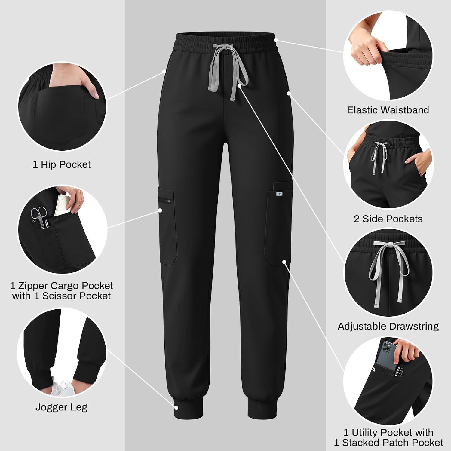 Scrubs for Women Set with 11 Pockets - V-Neck Scrub Top & Jogger Scrub Pant | Soft 4-Way Stretch Fabric, Drawstring Yoga Waistband, Multi Secure Zip Pockets, Easy Care, Breathable, Anti-Wrinkle