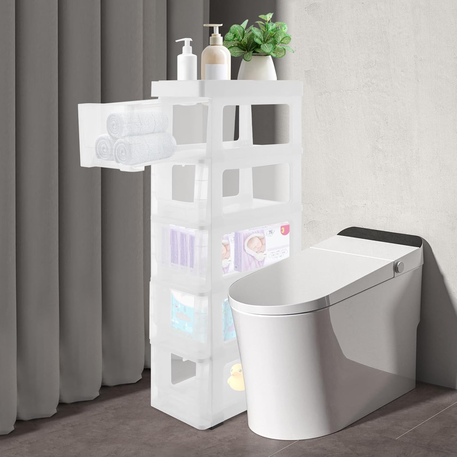 LOYALHEARTDY Bathroom Floor Cabinet,5 Drawers Slim Bathroom Storage Cabinet Dresser,Narrow Plastic Rolling Cart Organizer,Bathroom Cabinet for Small Spaces, Laundry,Office, (White)