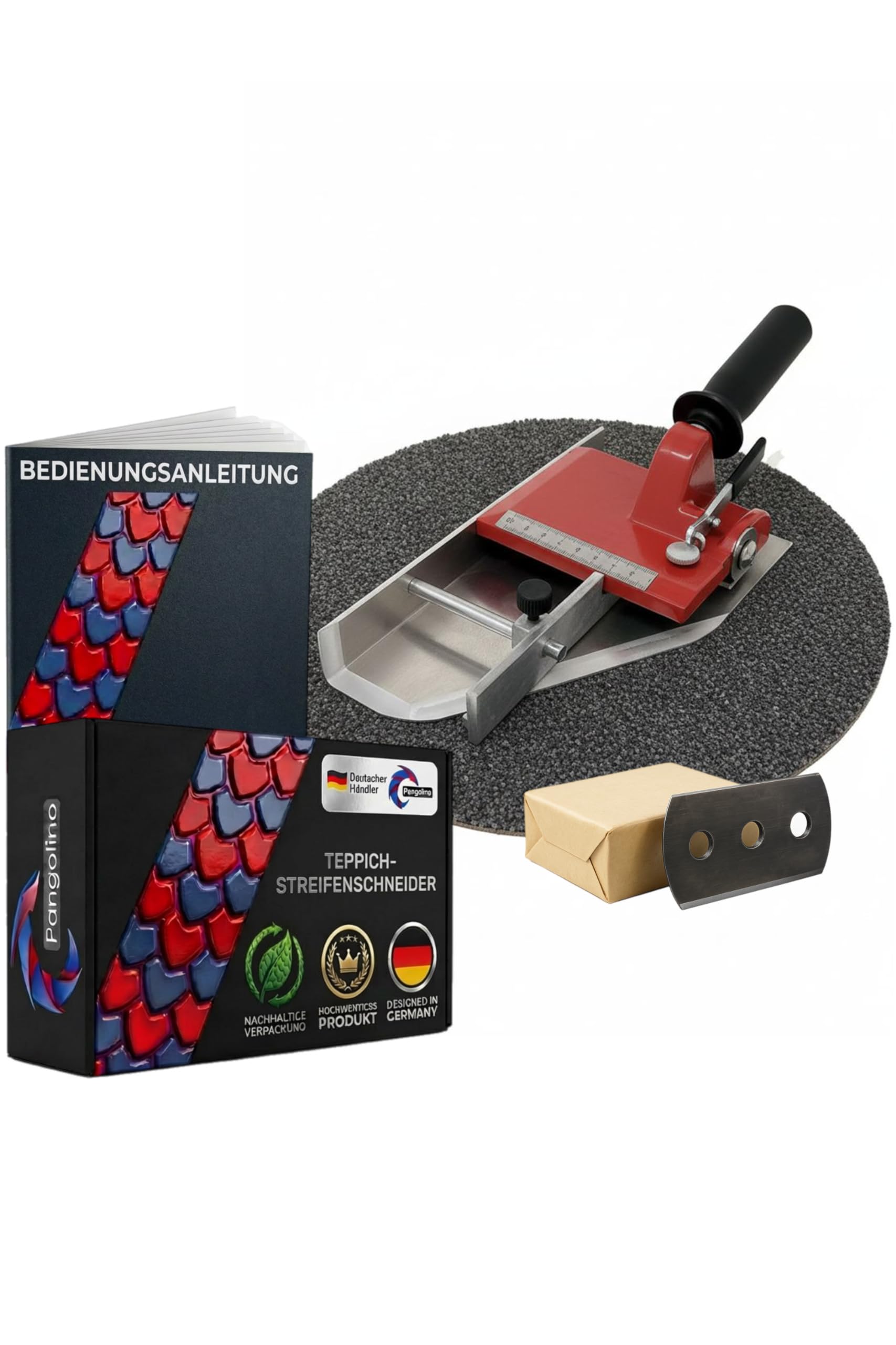 Pangolino Teppichstreifenschneider 45–100 mm | Profi Teppichschneider inkl. 10 Ersatzklingen | Stufenlos einstellbar | Präzises Zuschneiden von Teppichboden, Sockelleisten & Bodenbelägen