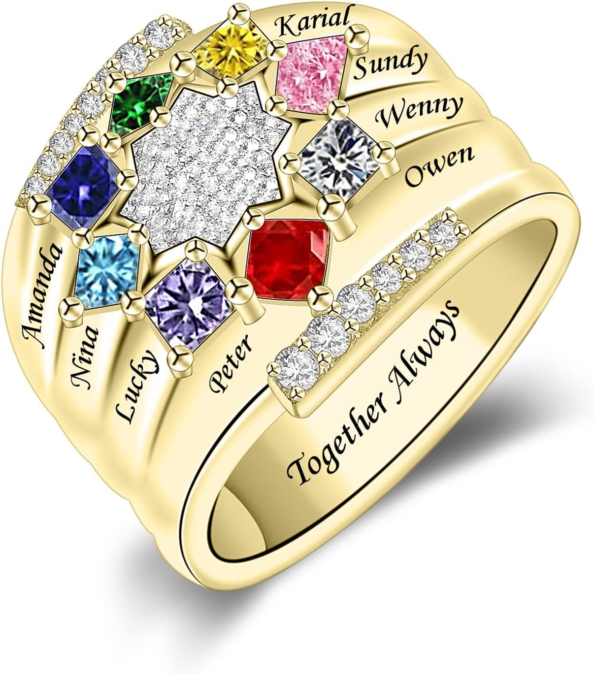 Personalized Sterling Silver Names Ring with 1-9 Simulated Birthstones for Women Free Engraving Family Rings for Mother Grandma Christmas Gifts for Her