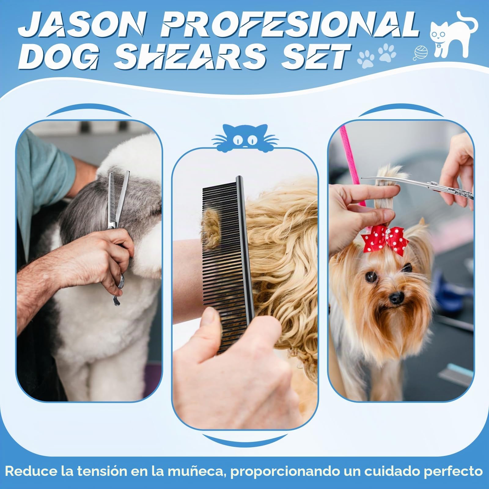 JASON Juego de tijeras profesionales para perros, 6 en 1, juego de tijeras rectas/curvadas/chunker y peine para perros, gatos, mascotas, con tornillo ajustable, color plateado