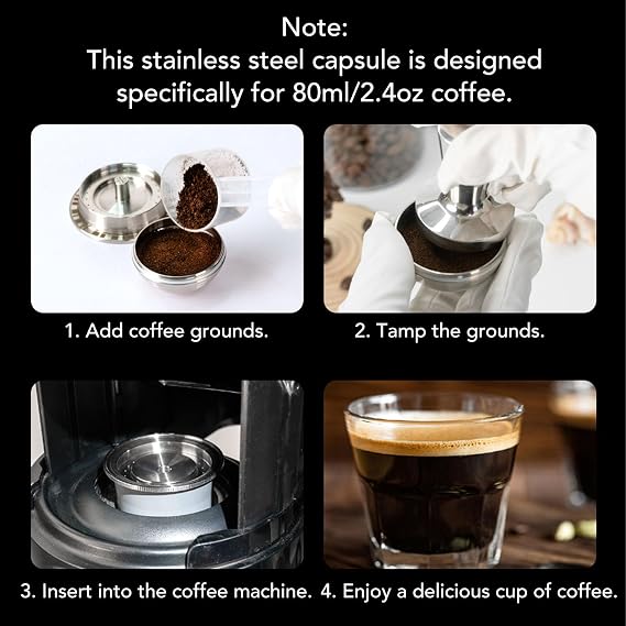 Reusable Coffee Capsule, 80ml Stainless Steel Refillable Pod, Universal Coffee Capsule with Brush Spoon, for Home Office