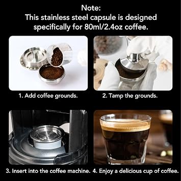 Reusable Coffee Capsule, 80ml Stainless Steel Refillable Pod, Universal Coffee Capsule with Brush Spoon, for Home Office