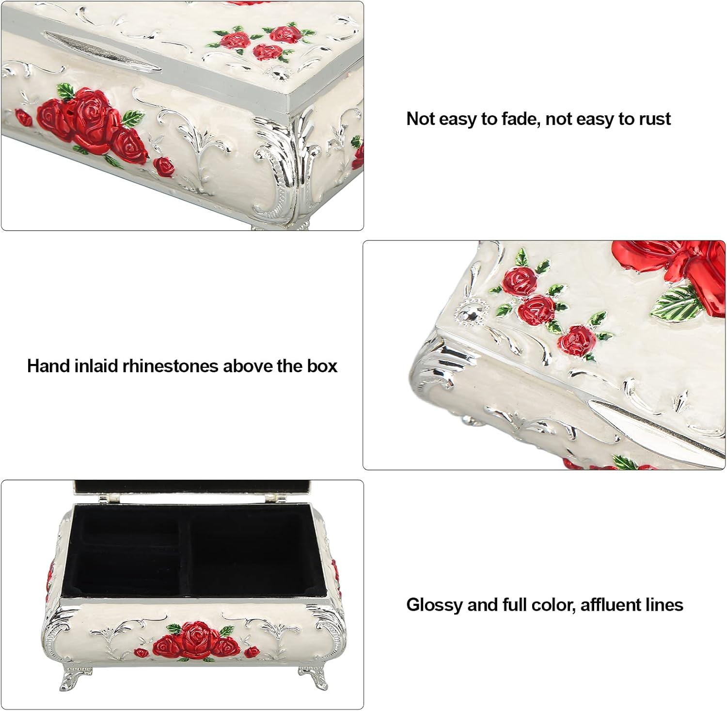 Diydeg Rectangle Antique Metal Jewelry Box, Alloy Jewelry Box Trinket Organizer Storage Box Engraved Jewelry Decorative Box with Rose Pattern Keepsake Girls Ladies (4.9x 3x2.2in,3