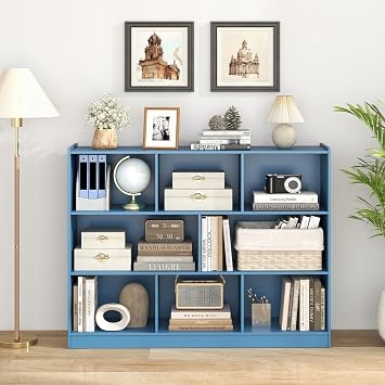8 Cubes Organizer Bookcase, 3-Tier Open Bookshelf, Horizontal Storage Cabinet with Anti-Tilt Device, Floor Standing Wooden Book Display Shelves for Bedroom, Classroom, Office Blue