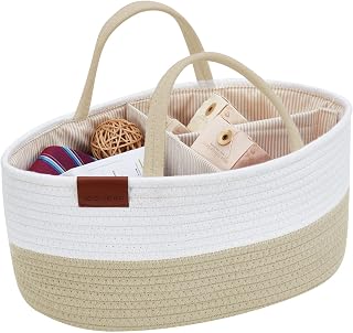 DECOMOMO Diaper Caddy Organizer, Nursery Organizers and Storage, Baby Basket with Removable Divider for Newborn Baby Gift Changing Table Cosmetic (Beige & Ivory White, Large)