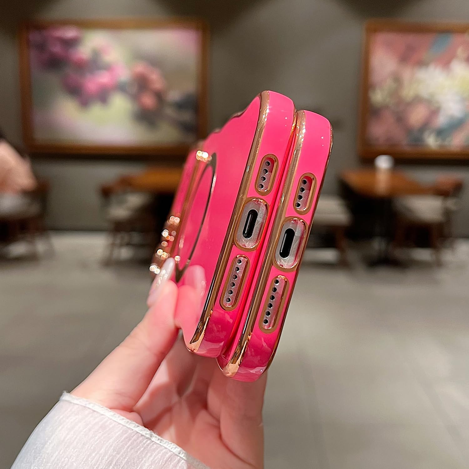 for iPhone 14 Pro Max Case Magnetic,for Women Girls Soft Cute Wave Frame Curly Shape Love Heart Luxury Plating Phone Case Compatible with MagSafe Shockproof Back Cover 6.7"-Hot Pink - Image 3