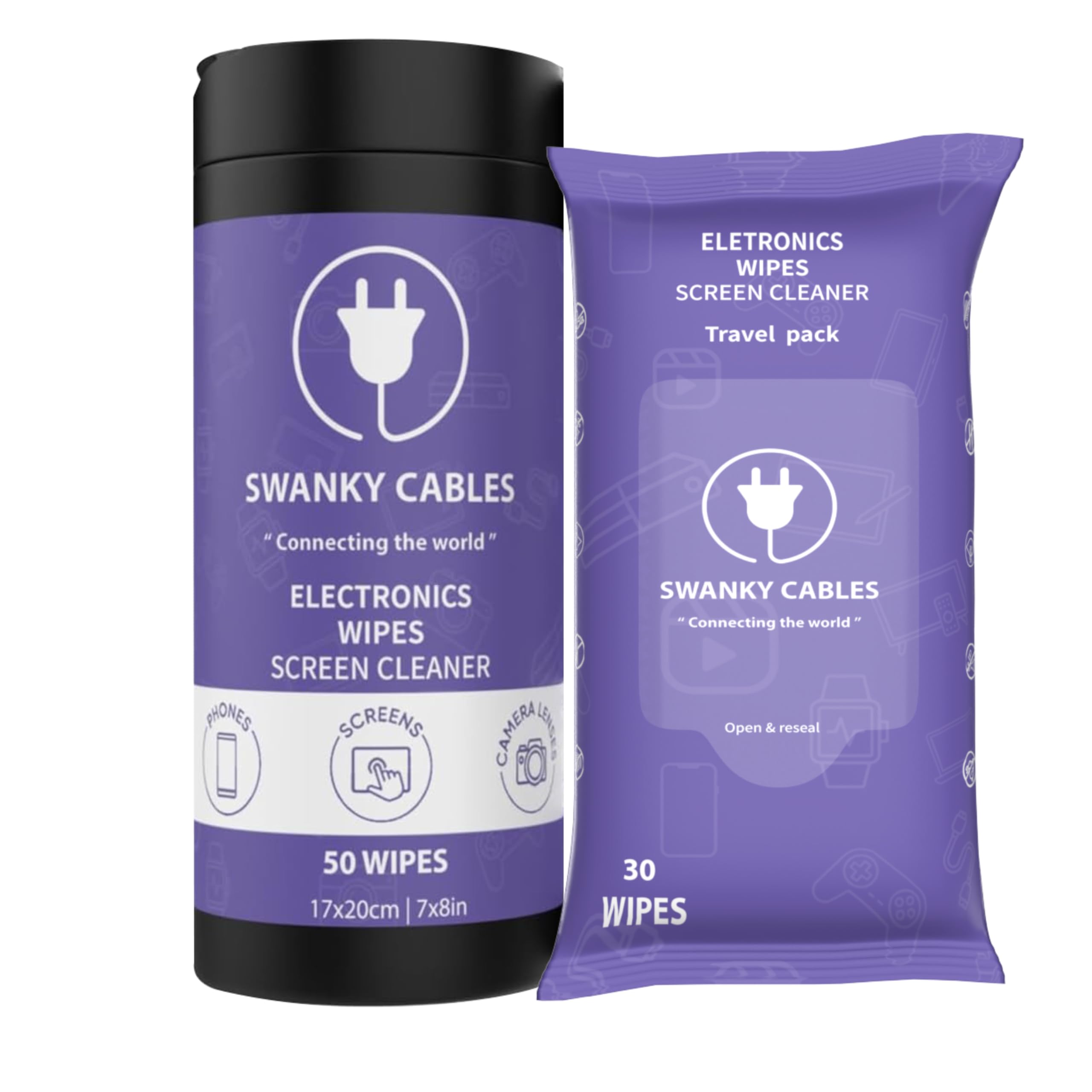 Swanky Cables Screen Cleaner Wipes Bundle - Electronic Wipes for Screens, Computer, Phone, TV, Monitor and Lens, Tech Cleaning Supplies, Includes Microfiber Cloth - 1 Canister &amp; 1 Soft Wipes