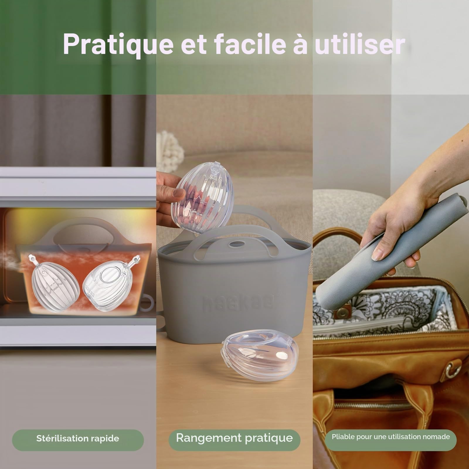 haakaa Tire-lait portable en silicone avec sac de stérilisateur, 2 en 1 mains libres passif récupérateur de lait maternel pour maman allaitante, essentiels d'allaitement, lot de 2 pompes de 75 ml et 1