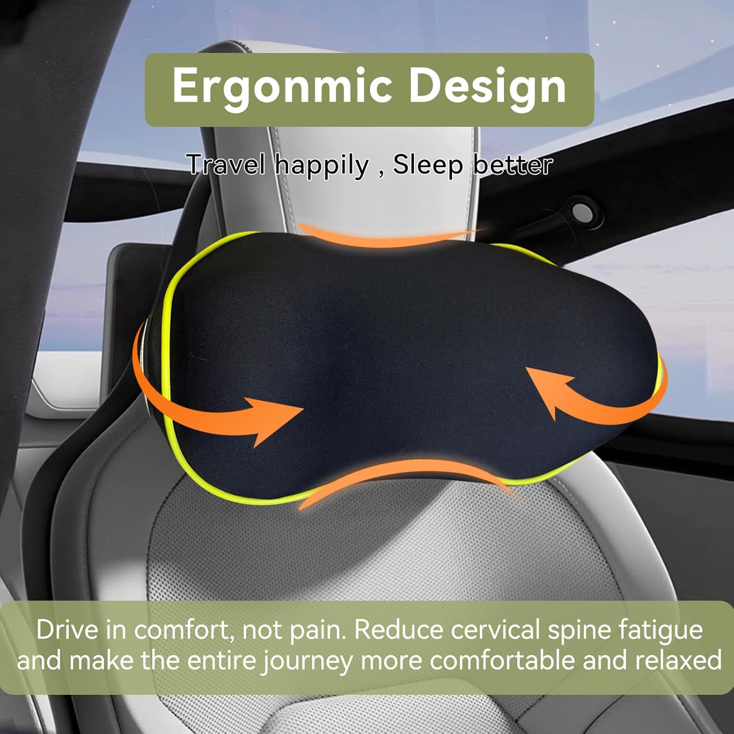 SPRFUFLY Really Chic Car Headrest Pillow, Car Pillow for Driving with Adjustable Strap, 100% Memory Foam Neck Pillow, Ergonomic Design - 2 Pack Car Neck Pillow(Includes 2 Eye Masks, Yellow Side Rope) - Image 6