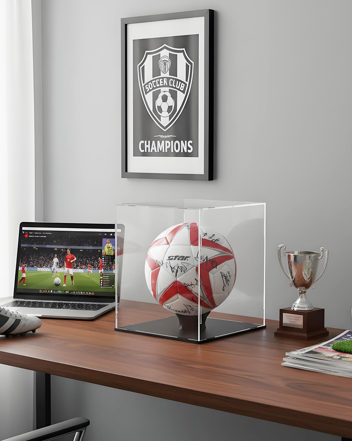 Soccer Ball Display Case,Self-Assembly Acrylic Display Case,Deluxe Dustproof Showcase,Cube Countertop Box for Pop Figures Collectibles,Basketball Volleyball Display Case(10x10x12 inch; 25x25x30cm)