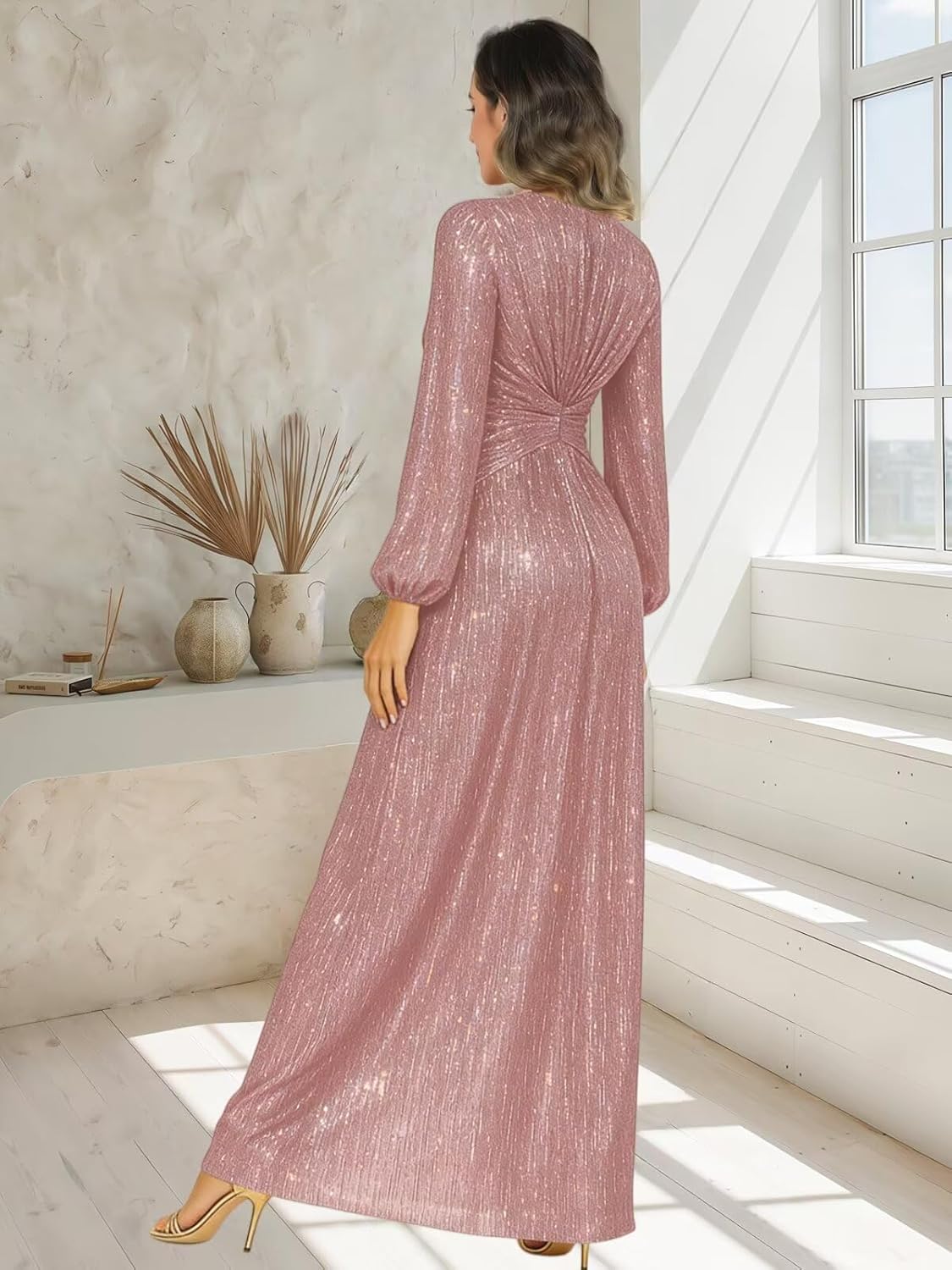 Long Sleeve Mother of The Groom Dresses Champagne Glitter Tulle Pleated Empire Formal Gala Dresses for Women US10 - Image 2