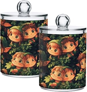 2 Pack Apothecary Jars Forest Elf Gnomes Green Qtip Holder Organizer Clear Airtight Container for Cotton Swabs Food Storage 14oz Plastic Jars with Lids