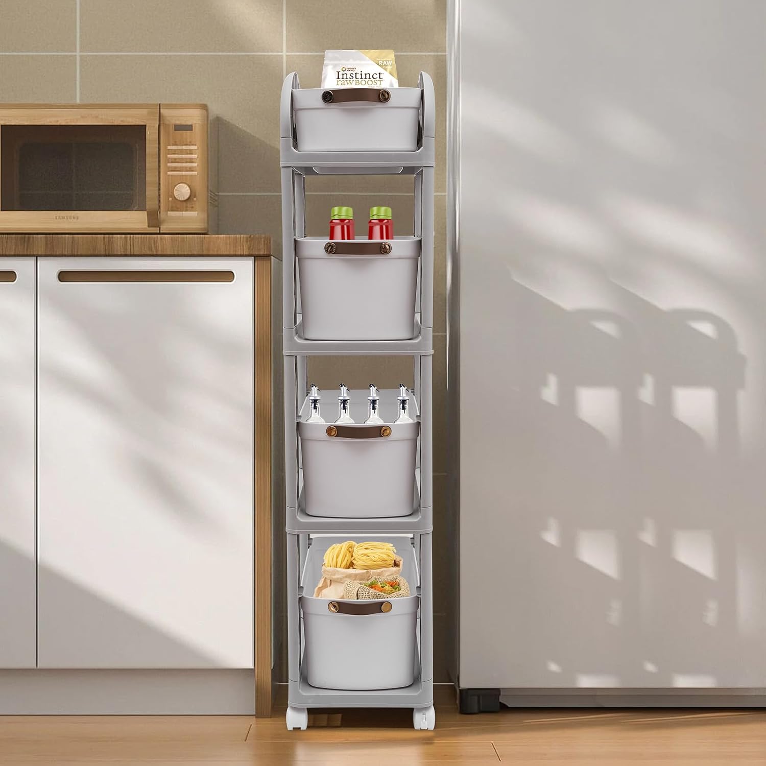 4-Drawer Rolling Storage Cart, Plastic Kitchen Storage Rack with Open Drawer and Pull-Out Handle for Bedrooms, Bathrooms, Kitchens, Grey