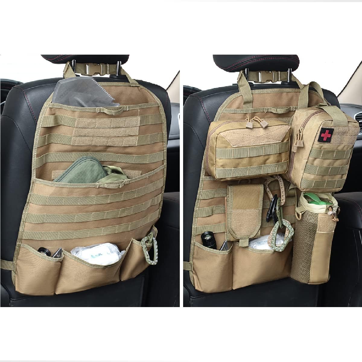TRIWONDER Car Seat Back Storage Bag Organizer Tactical Molle Panel Car Seat Back Cover Protection with 3 Storage Pouch (Khaki) : Automotive