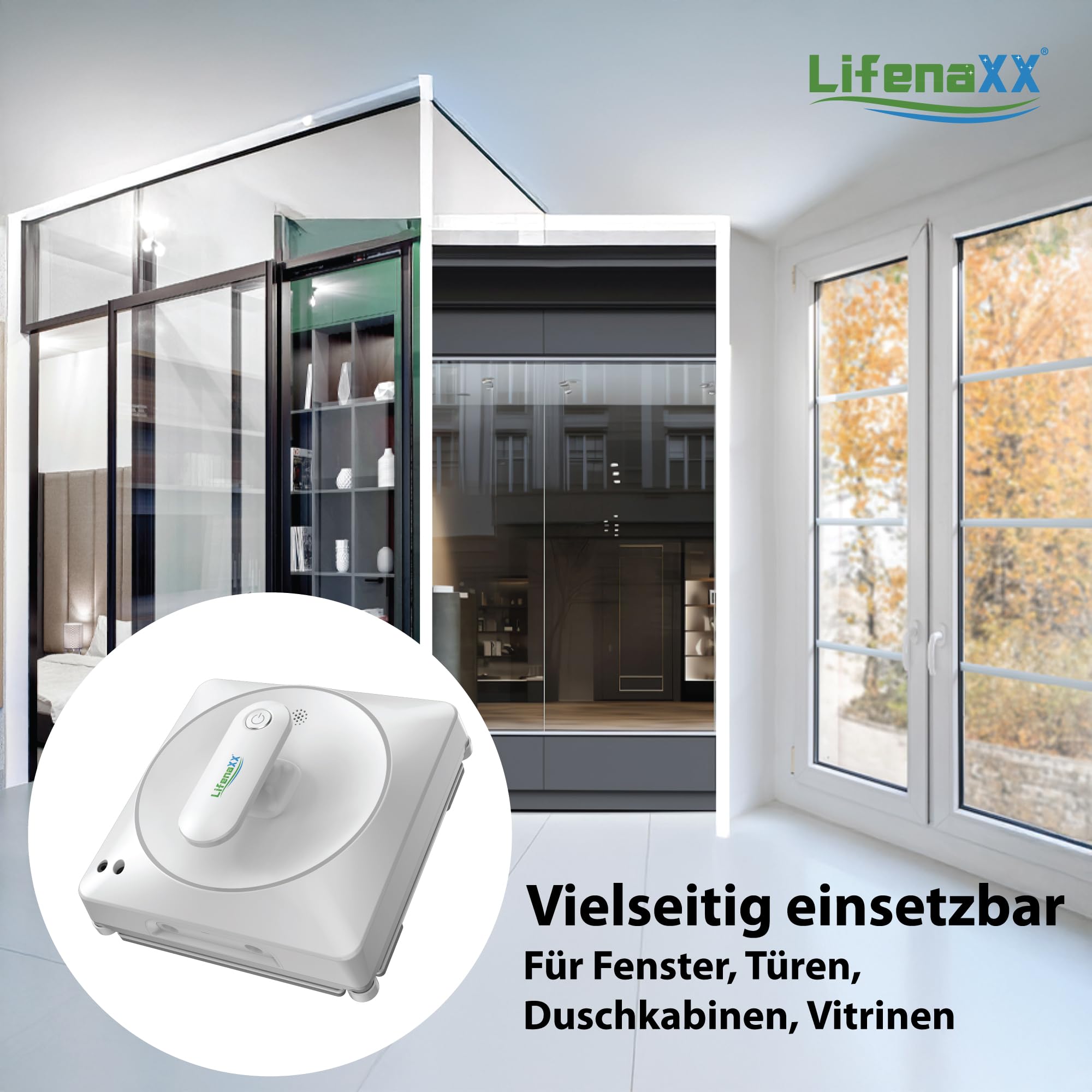 Lifenaxx Fensterreinigungsroboter LX-047, elektrischer Fensterreiniger mit 2 Sprühdüsen, hohe Saugkraft, großer 70-ml-Wassertank, Fernbedienung – ideal für Fenster, Fliesen, Spiegel