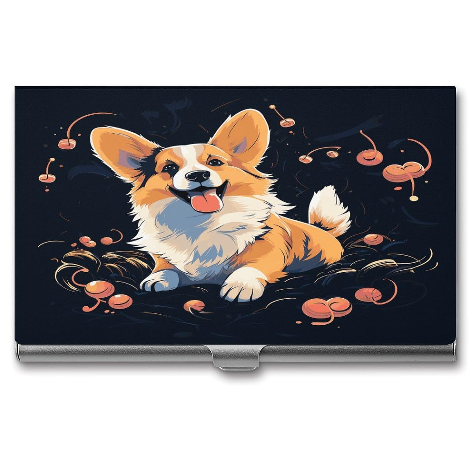 FekiLoot Corgi Dog on Dark Background Business Card Holder for Men & Women Professional Stainless Steel Business Card Case Large Capacity Slim Purse Name Cards Holders Buckle Style Shut