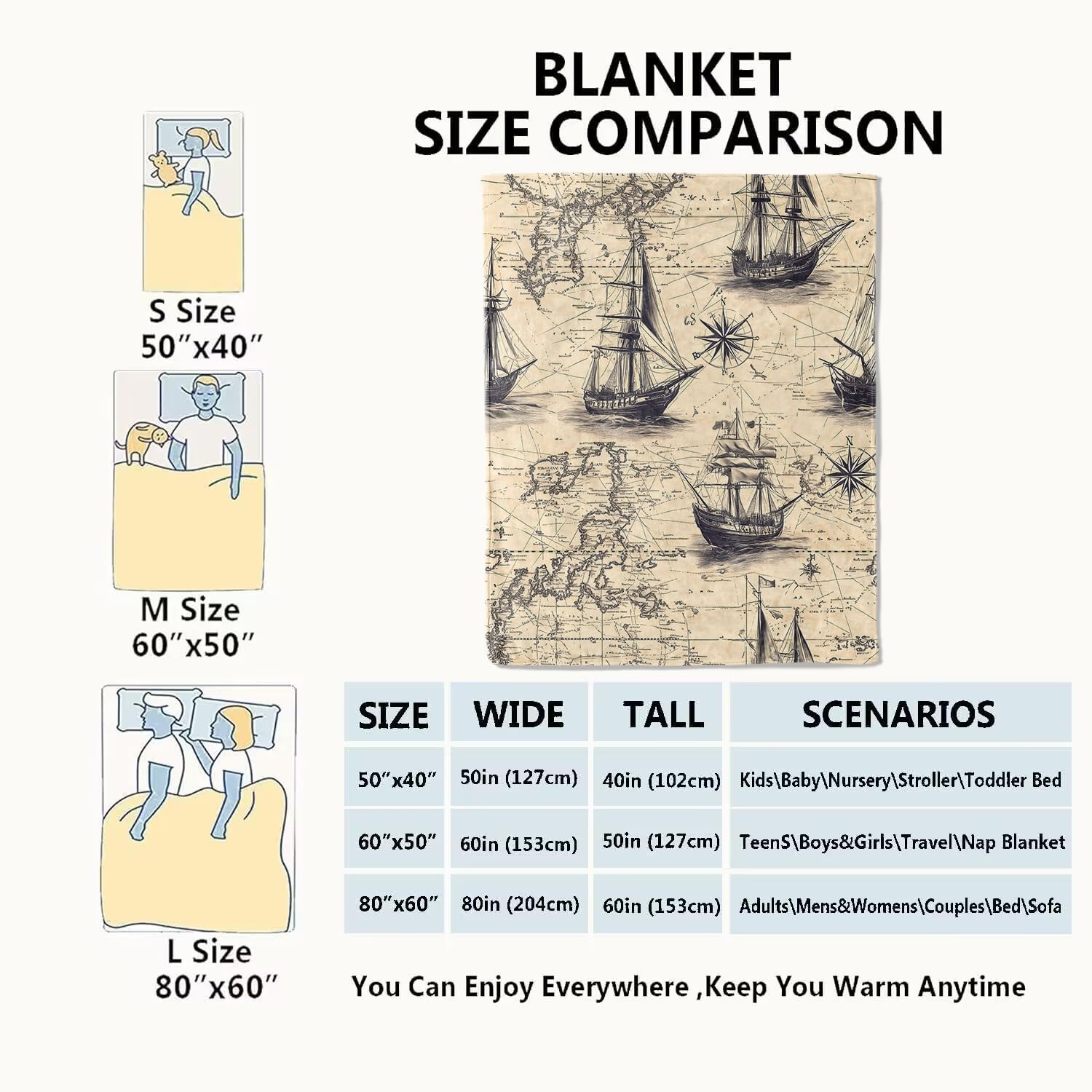 Vintage Nautical Map Blanket Ships and World Maps Throw Blankets,Birthday Gifts for Kids Adult & History Lovers,Lightweight Soft Fleece Cozy for Sofa Couch Bed Room Classic Decor 60x80in