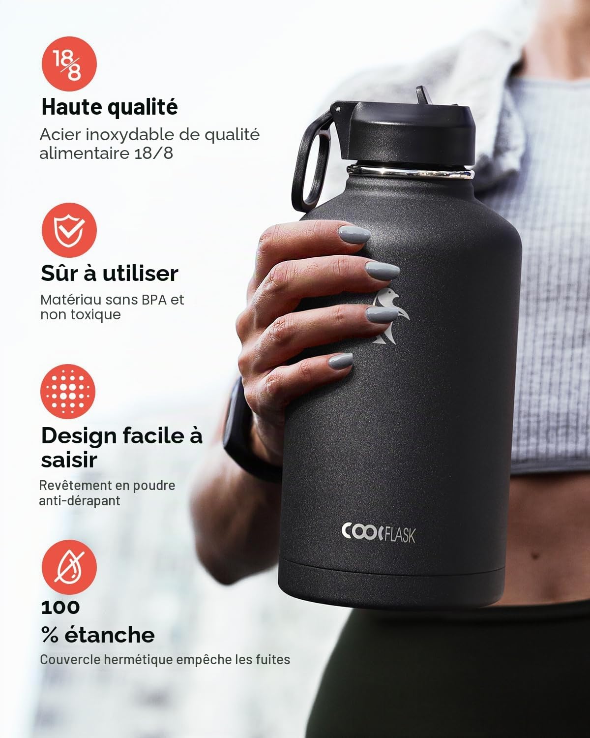 Coolflask Bouteille d'eau Isotherme 2L avec paille et 3 couvercles, Bouteille d'eau froide et chaude en acier inoxydable, isolée, sous double vide et étanche, Noir