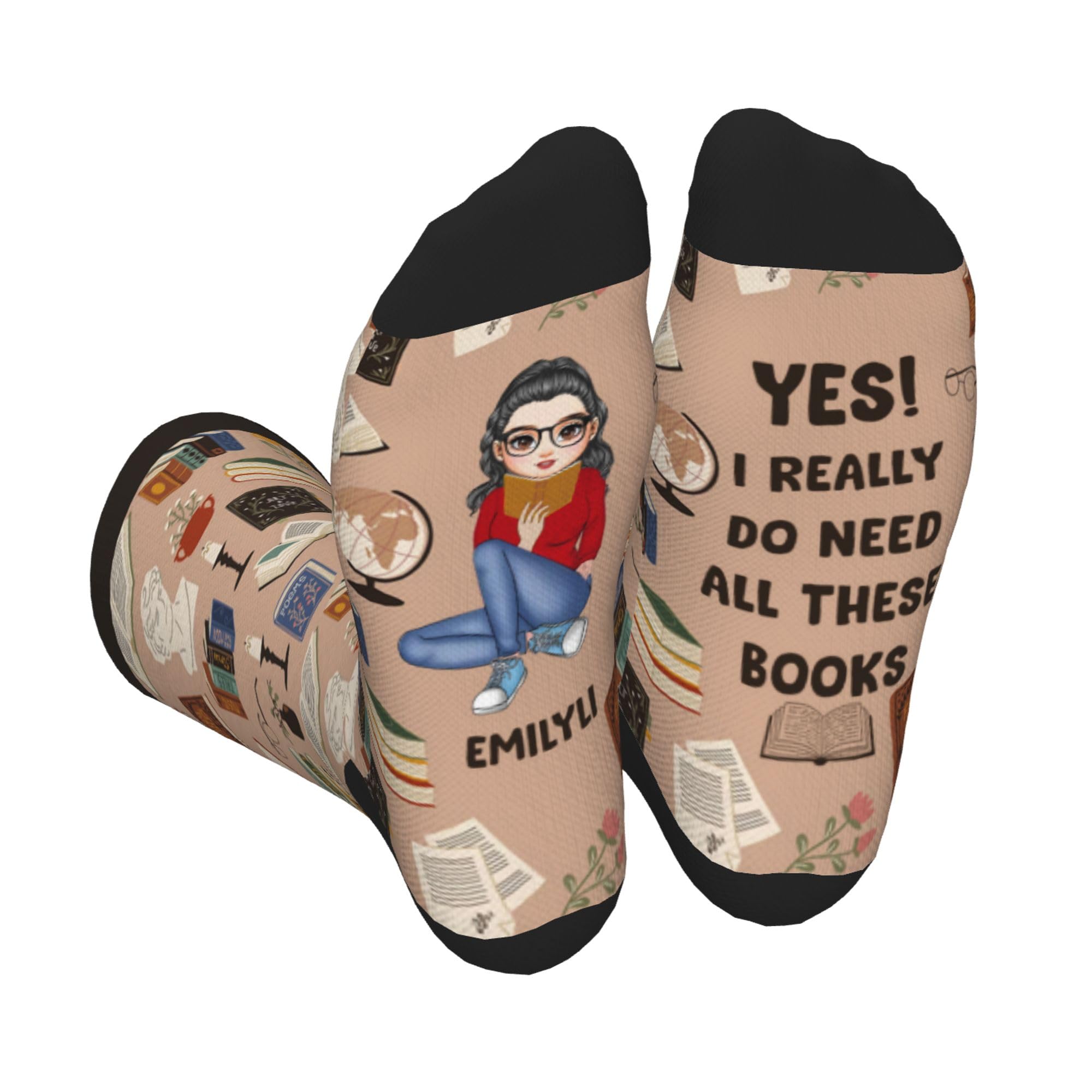 Noonative Girls Style 9 Personalized Reading Book Crew Socks,Custom Crew Socks With Name Portrait,Gifts For Book Lovers Readers Bookworms Librarians