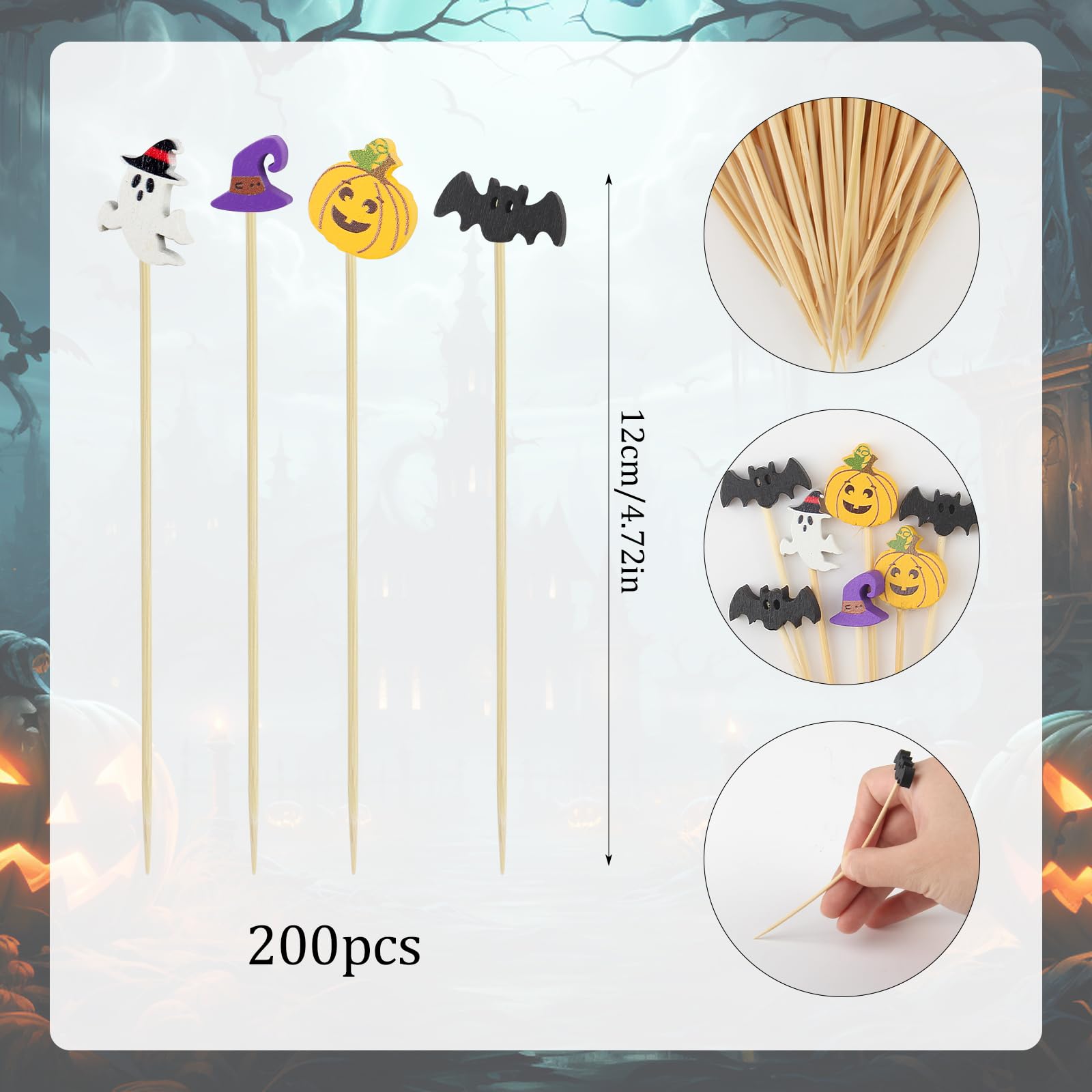 Xmart 200 Piezas Palillos Aperitivos Halloween Cóctel Brocheta Aperitivo Pinchos Cocktail con Sombrero Bruja Cabeza Calabaza MurciéLago y Decoraciones Fantasma para Temáticas Halloween Fiesta