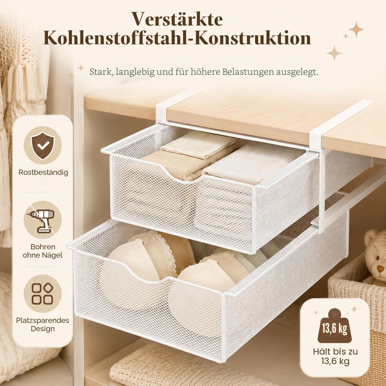 Unterwäsche-Schubladen-Organizer für Schrank, Hängender Ausziehbarer BH-Socken-Lingerie-Aufbewahrungskorb - Doppelschichtiger Mesh-Unterwäsche-Organizer