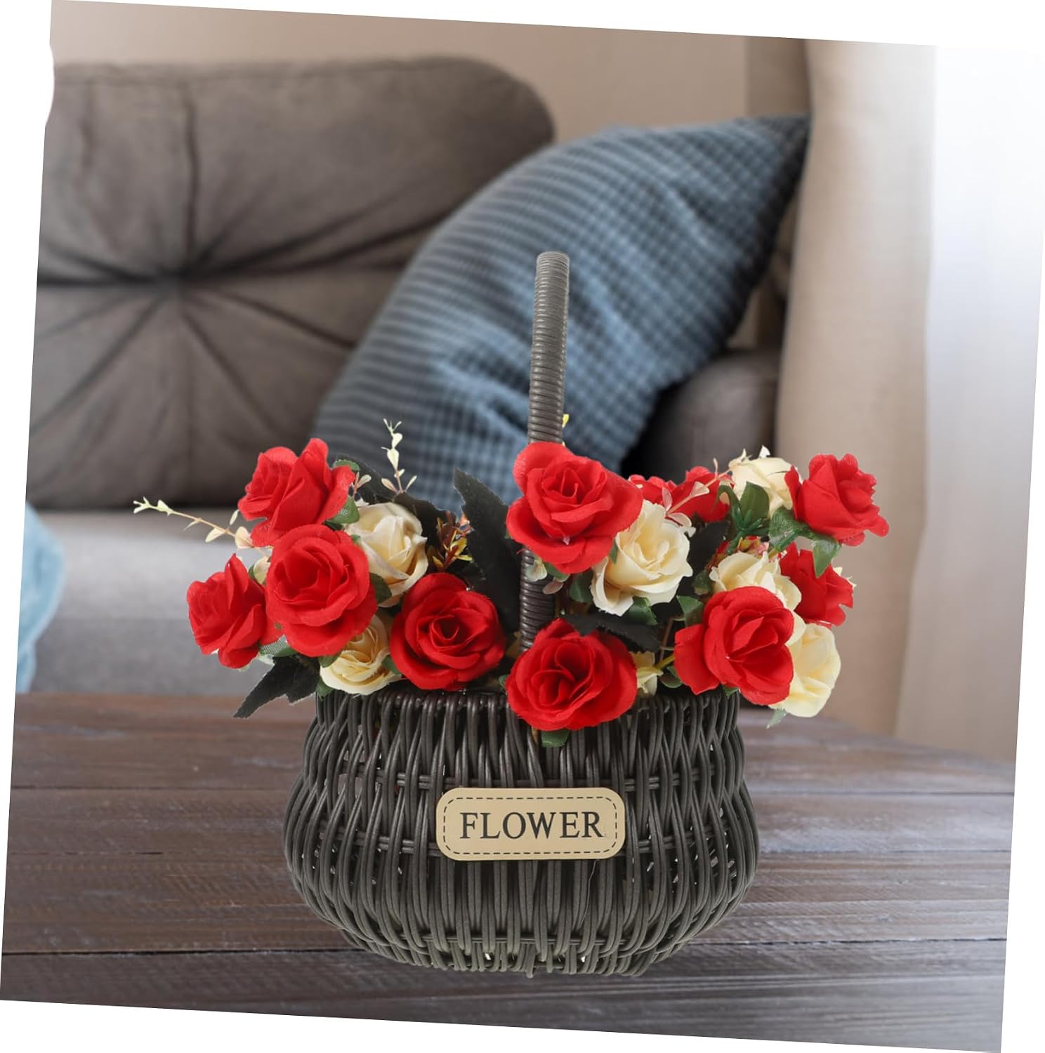 Ipetboom Woven Flower Arrangement Basket with Handle, Oval Handheld Decorative Flower Girl Basket, Black Gray Synthetic Rattan for Wedding and Home Decor