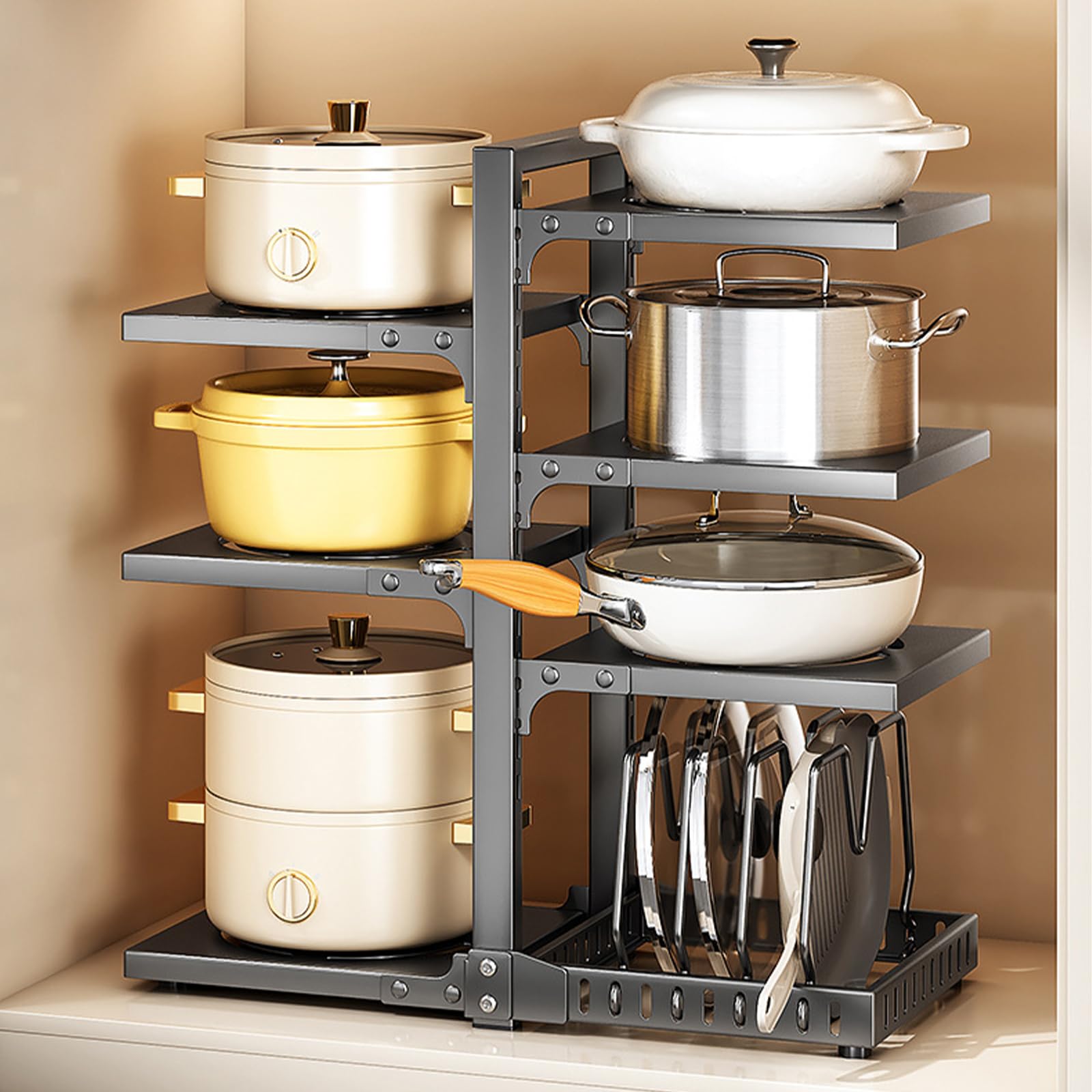 Estante ajustable para debajo del gabinete, organizador de cocina para ollas y sartenes, solución de almacenamiento que ahorra espacio para ollas grandes, diseño gris de 5º piso