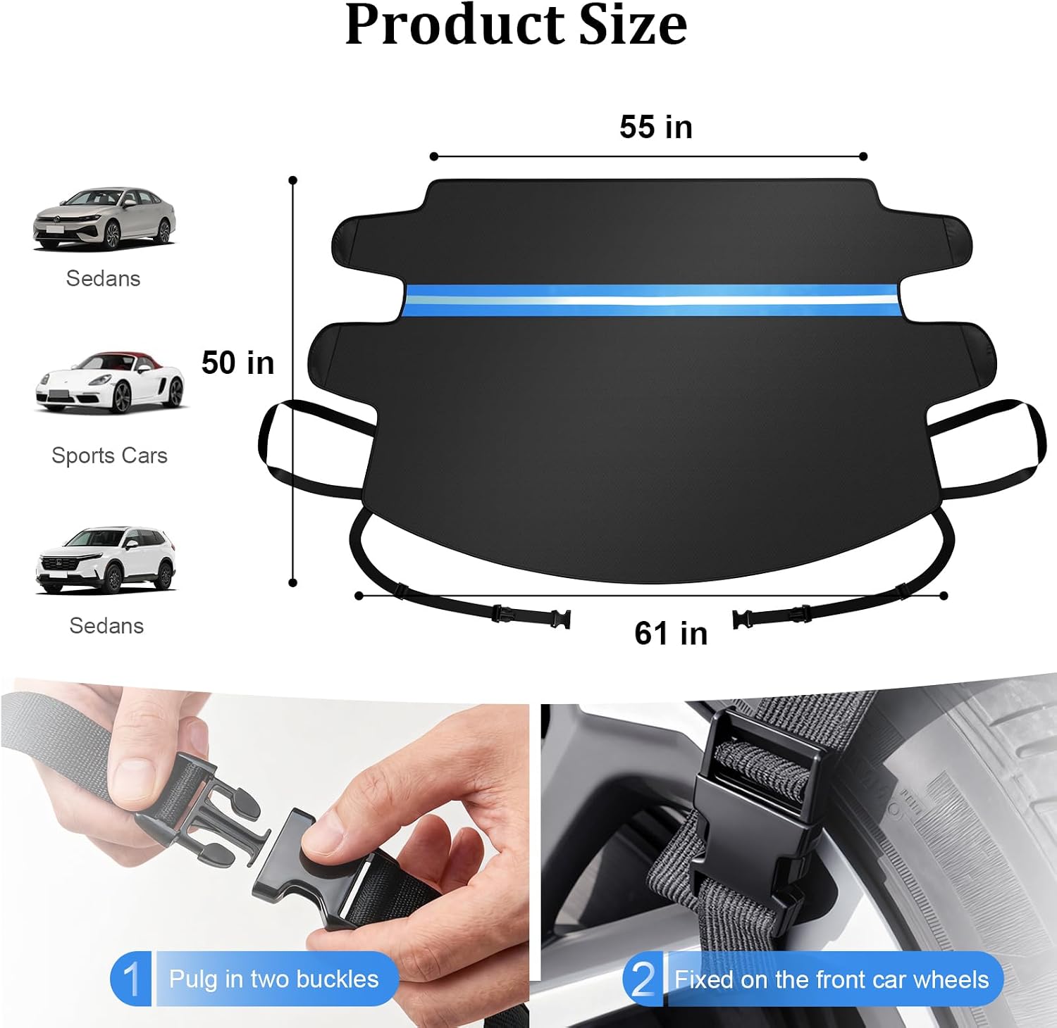 Car Windshield Snow Cover with Elastic Strap Buckles, 600D Heavy Duty Windshield Frost Ice Cover with Mirror Covers, Frostproof & Windproof, Fit for Most Cars, Sedans, SUVs (61"x 50")