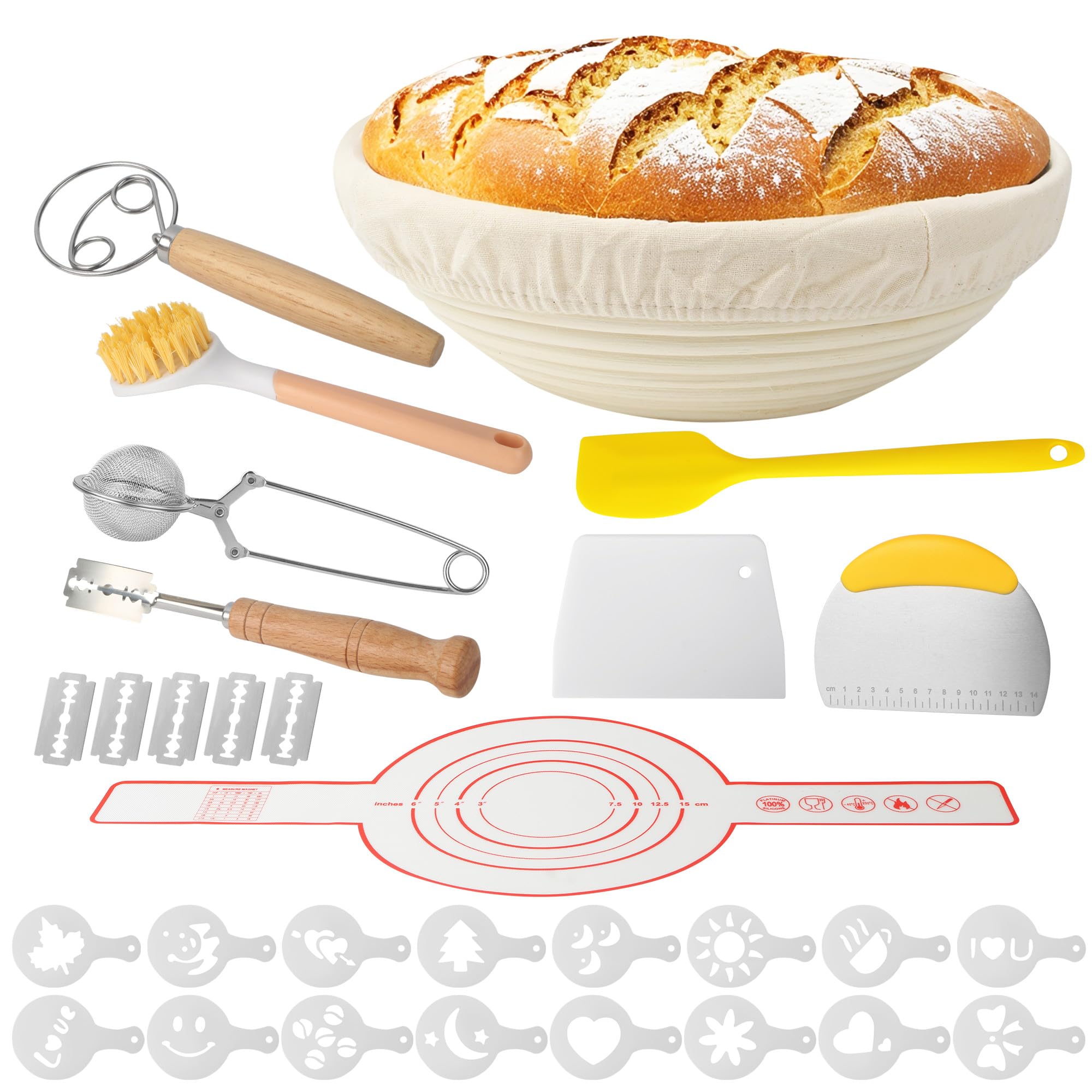 10-teilig Gärkorb Brot Set, 23cm Gärkörbchen zum Brotbacken, Sauerteig Starter Set, Einschließlich Teigschaber und Ölpinsel, Brotbackset Brot backen Gärkorb für Anfänger