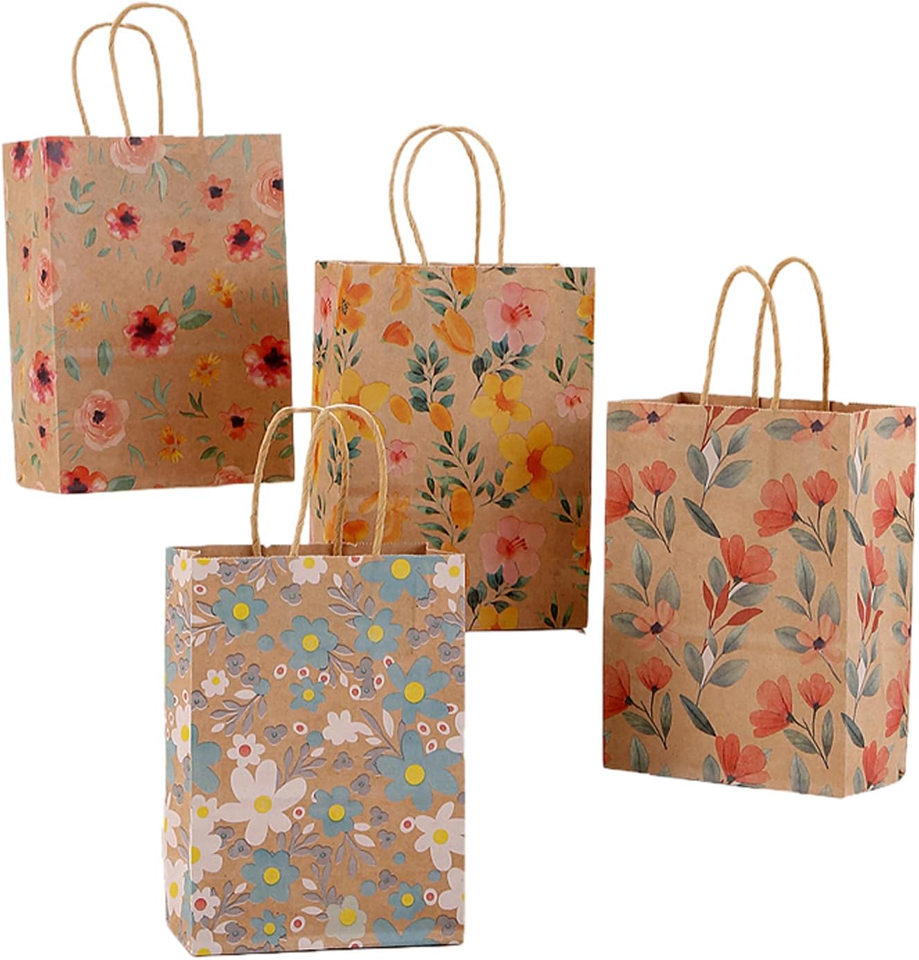 24pcs Floral Pattern Kraft Paper Bag Gift Bags with Handles for Party Favors, Mothers Day, Weddings, Birthday Celebration, Baby Shower,8.26×5.9×3.14inch