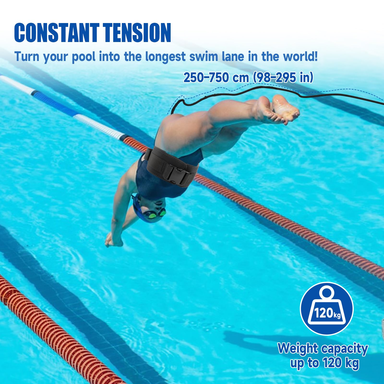 Ceinture d'entraînement de natation de 2,5 à 7,5 m, sangles élastiques de natation avec ceinture réglable et harnais stationnaire, aides à la natation pour adultes et enfants