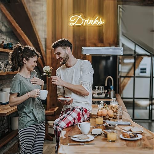 Miniatura 6 de KANAYA Letrero LED de neón con texto en inglés "Drinks", blanco cálido, regulable, alimentado por USB, para club, pub, hotel, cumpleaños, boda,