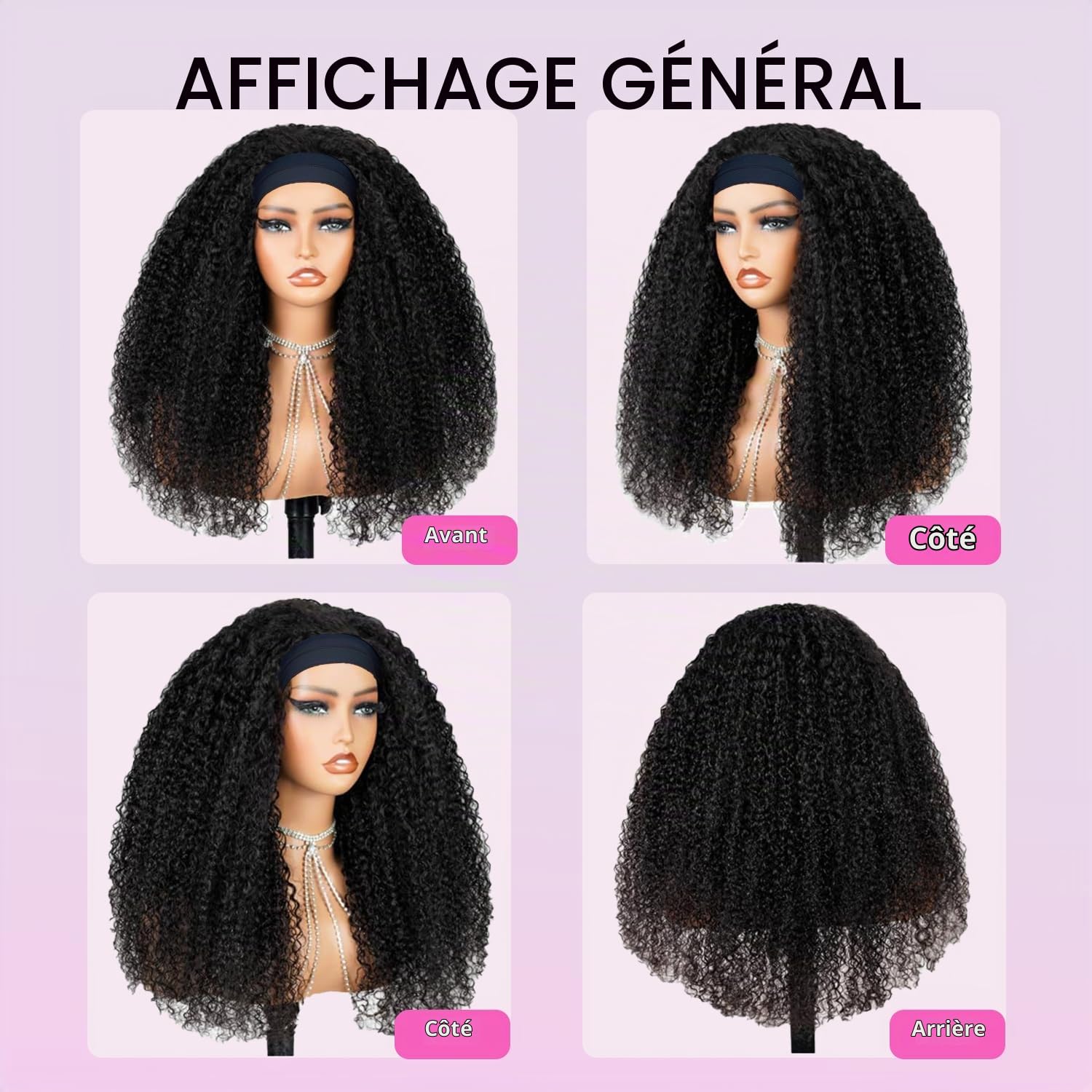 Perruque Bandeau Kinky Curly Perruque Bresilienne Cheveux Humains Bouclée avec Bandeau 16 Pouces Headband Wig Human Hair Kinky Curly Wear and Go Wigs 150% Densité Couleur Noire Naturelle