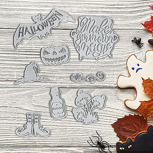 Miniatura 9 de Troqueles de murciélagos de calabaza de Halloween para hacer tarjetas, juegos de troqueles de corte de palabras de Halloween, plantillas de hongos
